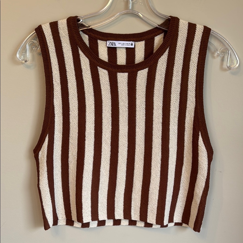 Zara Brown and White Ribbed Crop Tank Top